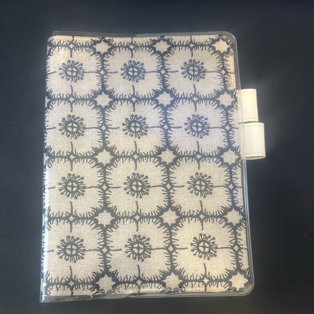 Cream & Navy Floral Grid Journal Notebook with Pen Loop